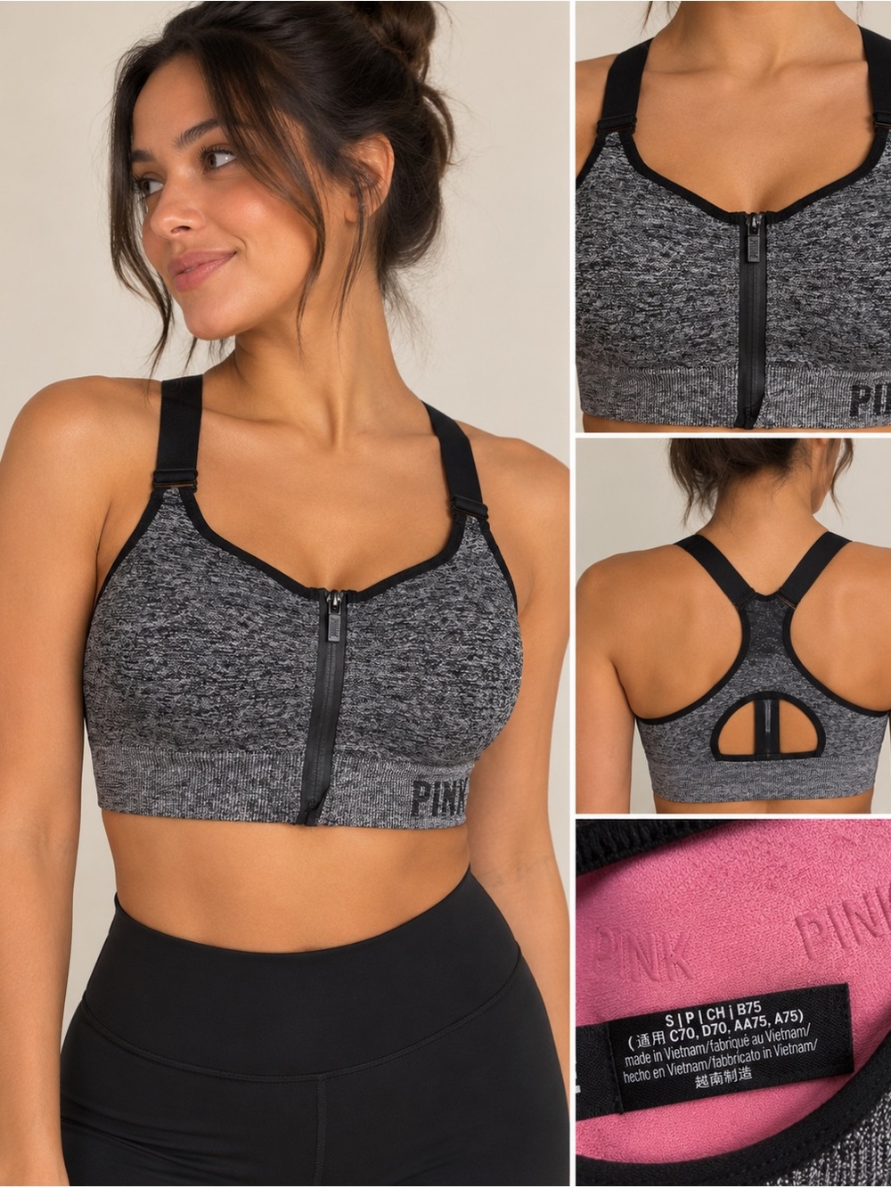 PINK Victoria’s Secret Ultimate Zip Front Sports Bra Gray Black Size S